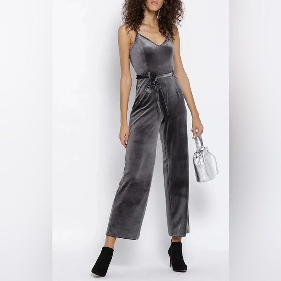 Forever 21 Dark Grey Silver Velvet Wide Leg Jumpsuit - Picture 3 of 10